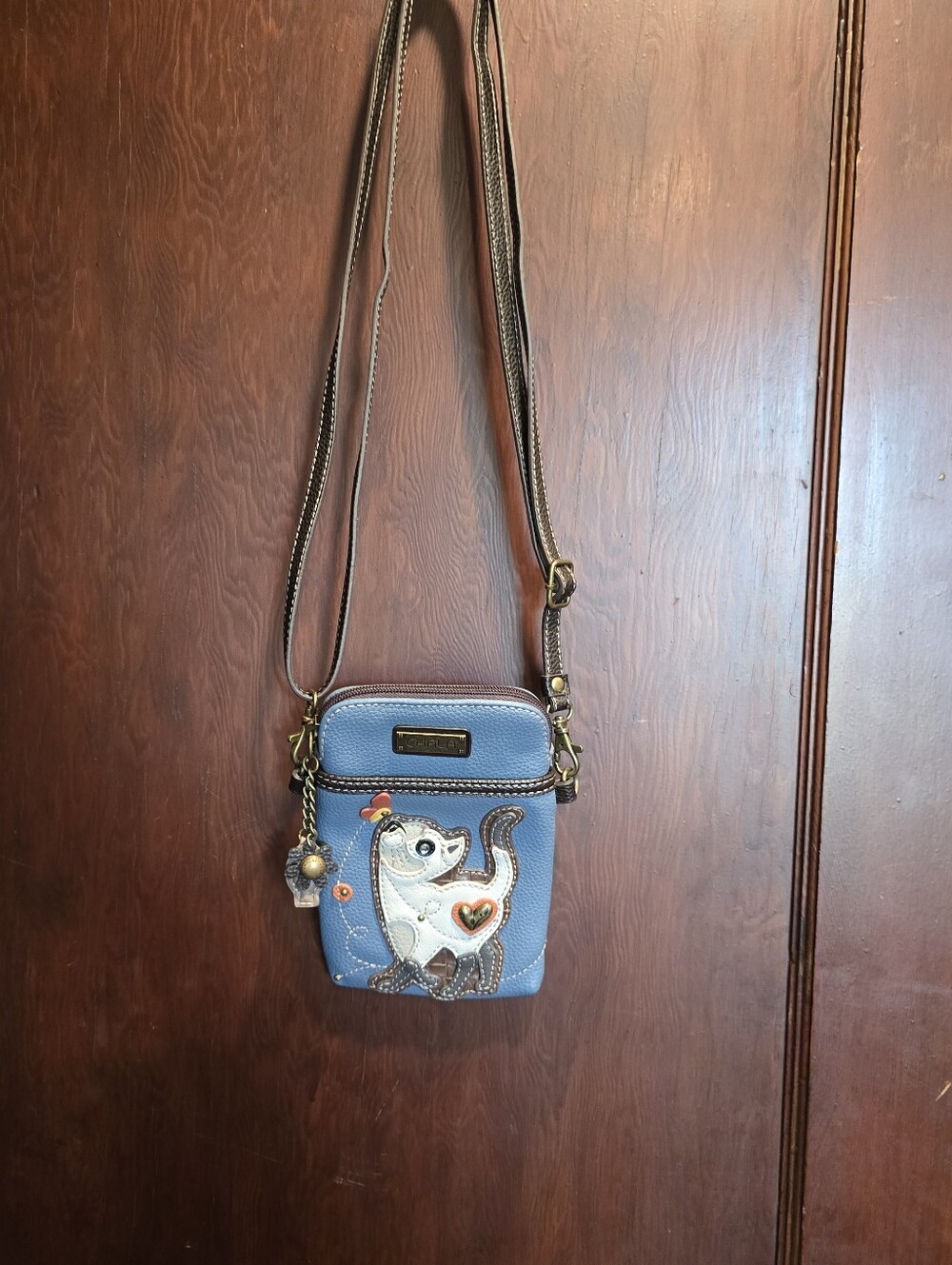 Chala Blue Crossbody Bag with Cat Appliqué and Brown Straph